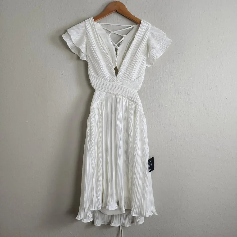 Lulus Captivating Delight White Plisse Satin Mini Dress - Lace-Up Bridal NWT M - Picture 6 of 14